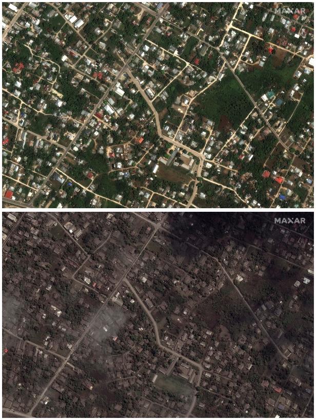 Des images satellites montrent des maisons et des bâtiments avant et après l'éruption principale du volcan Hunga Tonga-Hunga Ha'apai, à Nuku'alofa